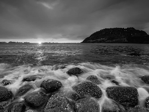 west, lake, Stones, sun