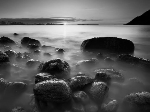 west, sea, Stones, sun