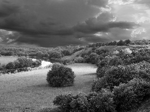 viewes, River, storm, Sky, Meadow, trees