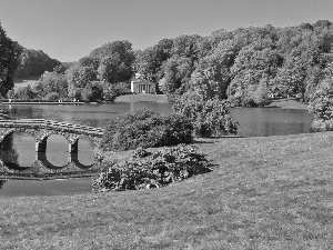 Stourhead, England, lake, Park, bridges