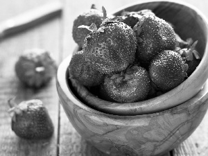 strawberries, wood, Bowls