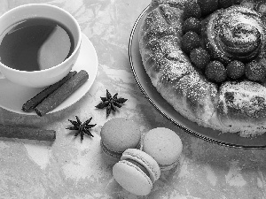 cinnamon, tea, cake, strawberries, Macaroons, cup