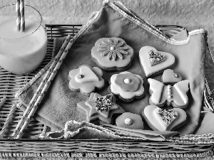 cup, Cookies, candles, milk, glace, straws, Tray