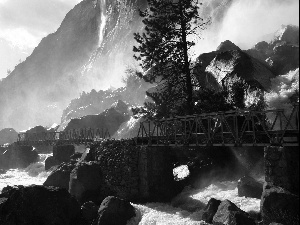 stream, bridge, rocks, rapid, Mountains