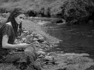 stream, Stones, girl, mountainous, very sensible