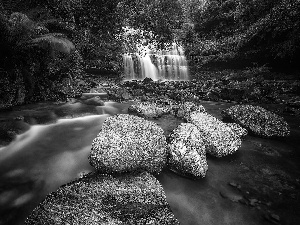 stream, waterfall, Stones