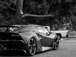 Street, trees, Lamborghini, Sesto Elemento, Black