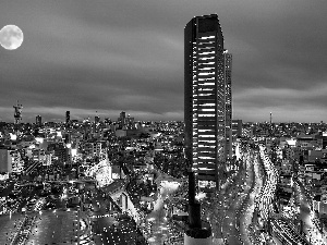 skyscrapers, town, moon, buildings, View, Streets, Sky