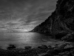 sun, cliff, Stones, west, sea