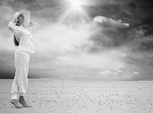 Desert, Women, sun, clouds, rays, Hat