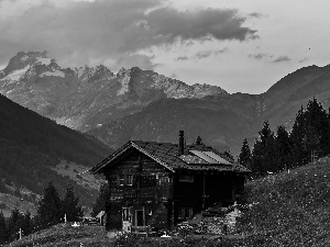 clouds, Mountains, sun, house, west, Valley