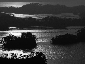 lake, west, sun, Islets