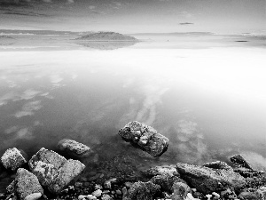 lake, west, sun, Stones