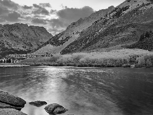 lake, autumn, clouds, boulders, sun, shadow, luminosity, forest, Mountains, flash, ligh