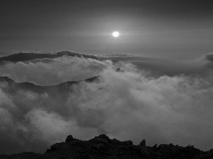 Mountains, east, sun, Fog