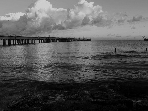 sun, pier, clouds, west, sea