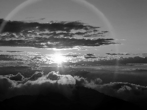 sun, Great Rainbows, clouds, rays, Mountains