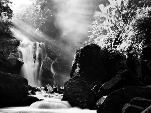 sun, waterfall, rays