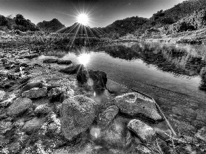 River, east, sun, Stones