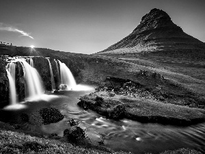 River, Kirkjufell Mountain, Great Sunsets, Kirkjufellsfoss Waterfall, iceland, Stones, Mountains