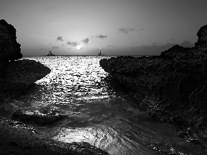 sun, Sailboats, rocks, west, sea