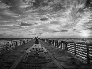 pier, clouds, Great Sunsets, Bench