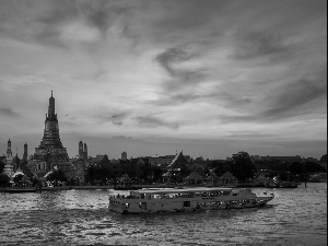 west, Wat Arun, Bangkok, Ship, temple, sun, Thailand