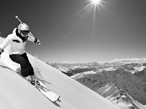 Hill-side, player, sun, skis