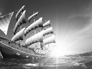 sailing vessel, rays, sun, sea