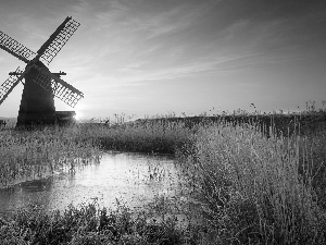 Windmill, west, sun, River