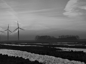 Windmills, west, sun, River