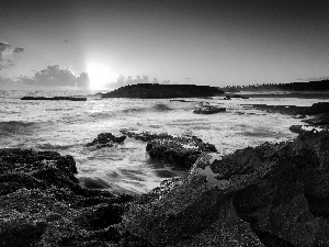 sunbeam, Rocks, Sky, clouds, sea