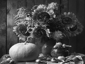 Nice sunflowers, Goldenrod, onion, clay, pumpkin, bouquet, composition, Jugs