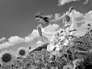 young, in the field, sunflowers, Women