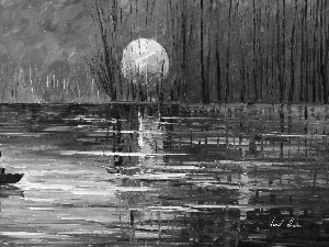 Boat, Leonid Afremov, viewes, lake, painting, trees, Sunrise
