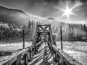 bridge, winter, Sunrise, River