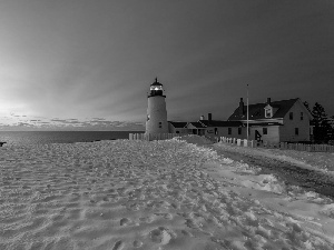 Sunrise, winter, Bench, sea, Lighthouses