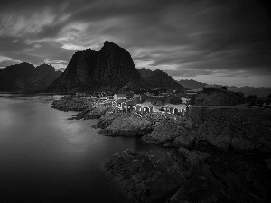 sea, village, Great Sunsets, Norway, rocks, Mountains