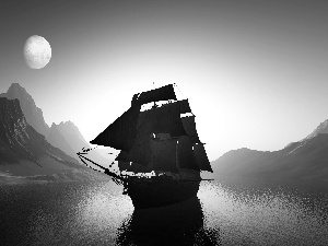Mountains, Ship, Great Sunsets, moon, sea, sailing vessel