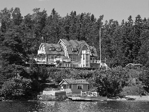 house, River, Sweden, forest