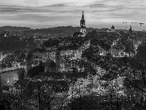 Church, Switzerland, evening, Houses, Bern