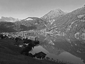Houses, lake, Switzerland, Mountains