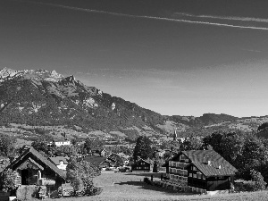 Alps Mountains, Houses, Switzerland, woods