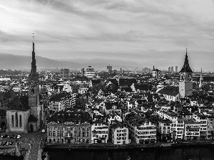 Zurich, west, panorama, sun, Houses, Switzerland, town