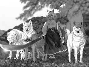 Anime, wolves, sword, girl