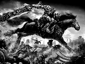 sword, war, Horse, rider, Black