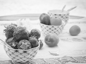 cloth, Table, peaches, Bowls, strawberries