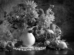 bouquet, Flowers, apples, dahlias, Vase, tablecloth, truck concrete mixer