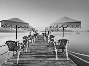 Tables, Sunshade, sea, pier, spa