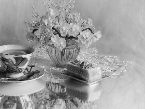 cake, cup, Bouquet of Flowers, tea, composition, napkin, narcissus